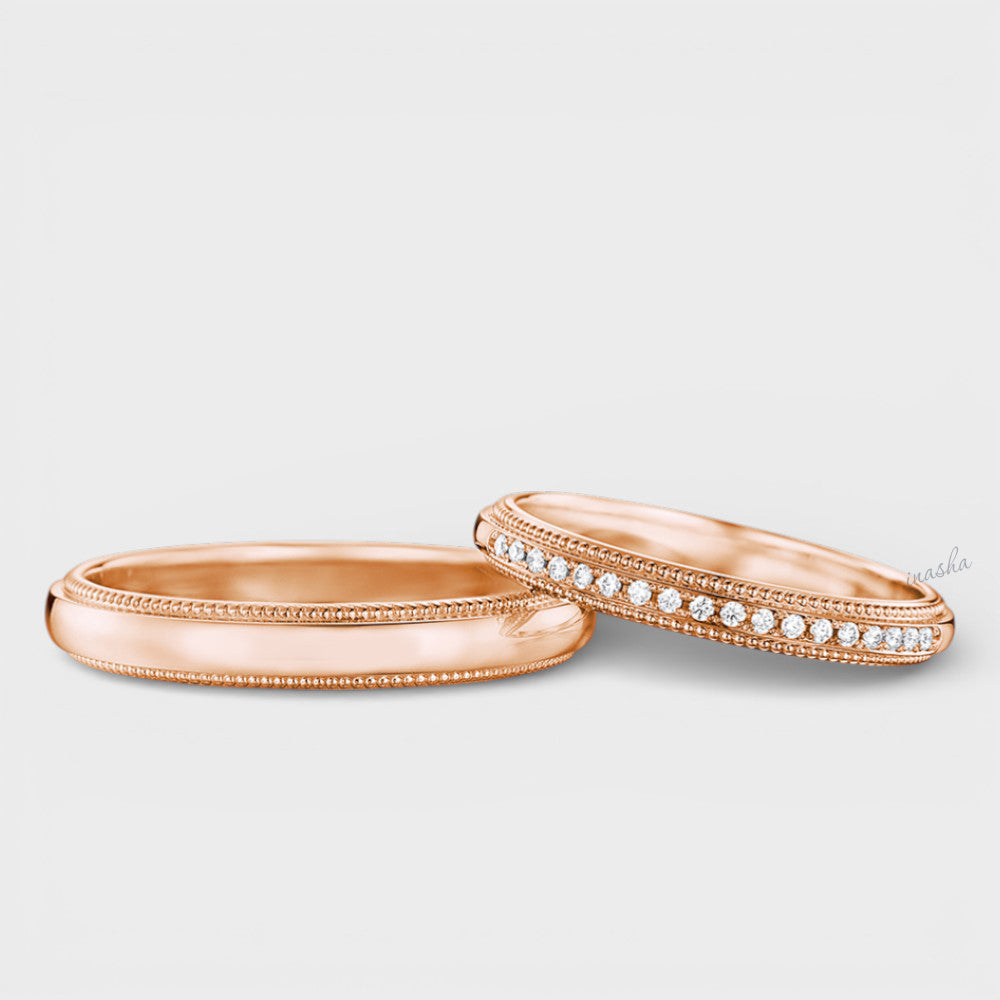 Certified GLI lab grown diamond couple band set in rose gold, women’s diamond ring and men’s plain band